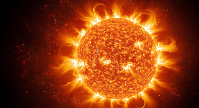 Fiery surface of the sun with solar flares and intense heat radiation - Powered by Adobe