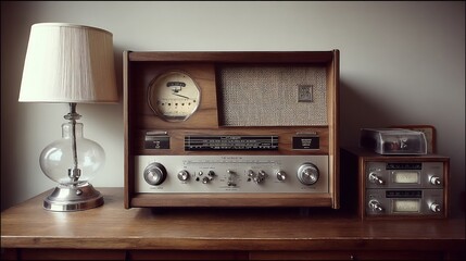 Fototapeta premium Vintage Audio Setup with Radio Receiver, Tape Deck, and Table Lamp in Warm Tones