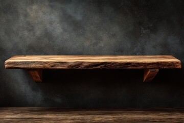 Natural wooden shelf mounted on dark wall in minimalist design for home decor