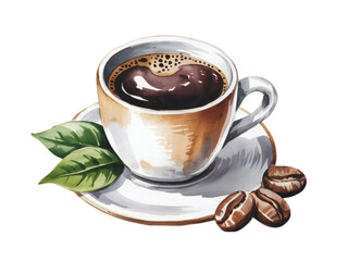 Watercolor cup of dark aromatic coffee with beans and green leaves on transparent background