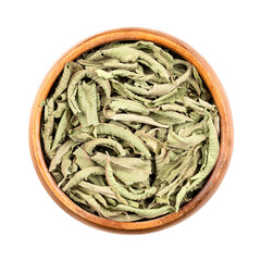 Dried lemon verbena leaves in wooden bowl. Aloysia citrodora, also known as lemon beebrush, used to add lemon flavor to food and beverages, in potpourri, to make herbal teas, and as liqueur flavoring.