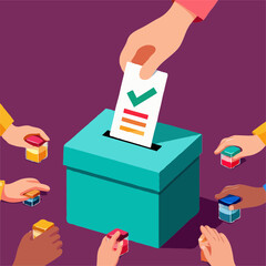 Diverse Hands Casting Votes: Flat-Style Election Ballot Box Illustration

