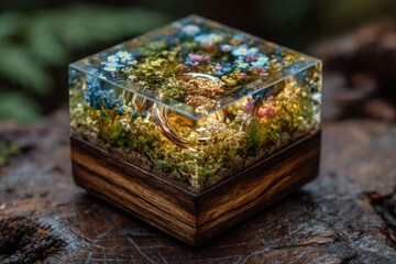 Colorful preserved moss and flowers in clear resin cube with wooden base illuminated softly in a natural setting