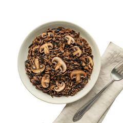 Appetizing wild rice salad with fresh mushrooms served in a bowl, beautifully displayed on transparent background