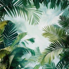 Green palm tree leaves create a vibrant tropical nature background