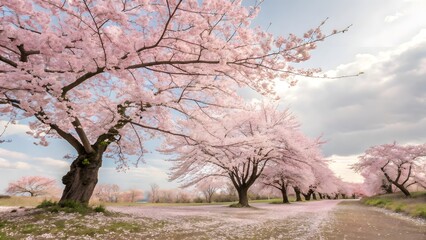 Obraz premium Beautiful cherry blossom trees line a path in spring