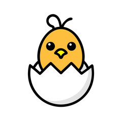 Adorable newborn chick emerging from broken eggshell cartoon illustration in vector