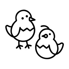 Two cute chicks, one just hatched from an egg, in simple line art