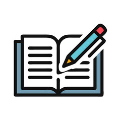 Illustration of an open book with horizontal lines and a pencil writing