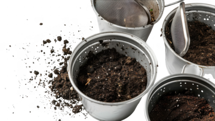 Pots filled with dirt on transparent background