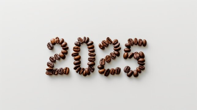 Coffee beans forming number 2025 on white background, International Coffee Day concept, minimal design, flat lay