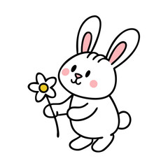 Cute White Bunny Holding a Flower on a White Background Cartoon