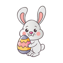 Cute Easter Bunny Holding a Decorated Easter Egg on White Background