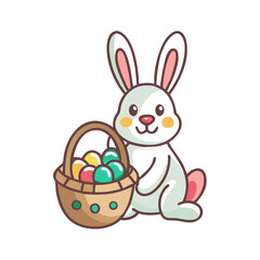 Cute cartoon Easter bunny with basket full of colorful Easter eggs illustration