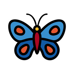 Stylized Blue Butterfly Illustration with Orange Spots and a Red Body