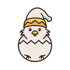 A cute baby chick hatching from an egg wearing a festive hat