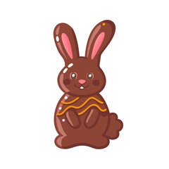 Cute Cartoon Chocolate Easter Bunny with Orange Decorations on White Background