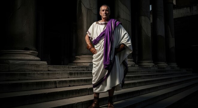 Roman Senator in Full Traditional Attire and Leather Gloves Standing Firmly on Stone Steps of the Forum