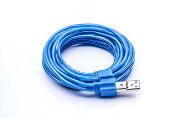 Bright blue ethernet cable coiled on white background