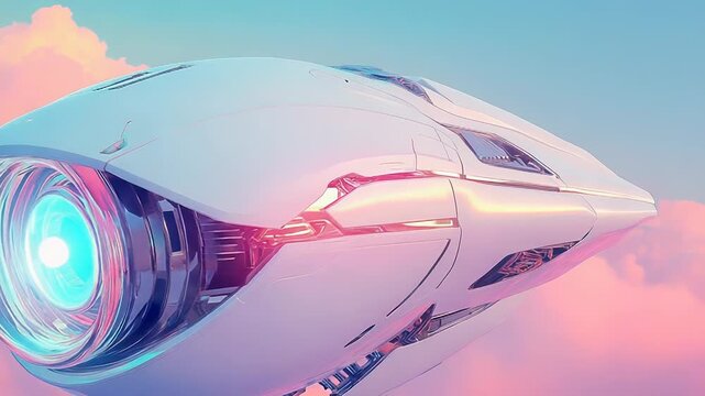 Futuristic spaceship flying through pastel colored clouds