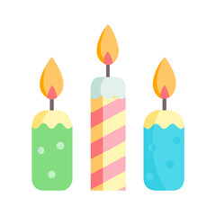 Three colorful cartoon birthday candles with burning flames for a happy celebration