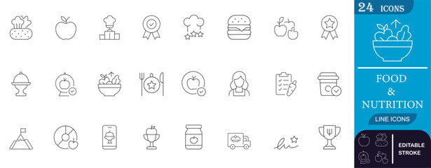 Modern line icons set featuring fresh food, nutrition, healthy eating, and wellness concepts—perfect for meal apps, diet plans, and health-focused designs.
