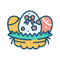 Colorful Easter eggs decorated with flowers and bows in a basket, cute