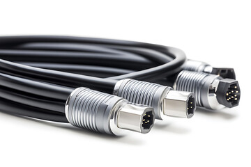 Close up of coiled black cables with silver connectors on a white background