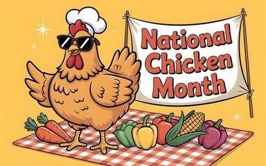 A vibrant poster illustration celebrating National Chicken Month with a cool rooster chef and fresh farm vegetables