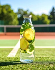 Fresh Infused Water on Tennis Court in Morning Sunlight