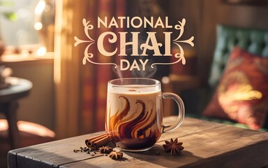 A warm and inviting glass mug of spiced chai tea with cinnamon and star anise on a rustic wooden table for a festive beverage celebration.