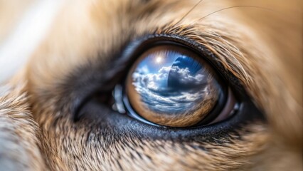 A close-up of a dog's eye reflecting a blue sky with clouds, capturing a serene and tranquil moment.
