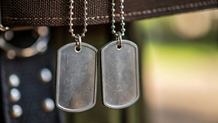 Metallic dog tags hang from a belt, reflecting light in a blurred outdoor setting, symbolizing identity and service.