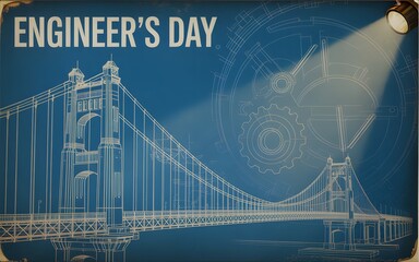 A vintage-style blueprint poster celebrating Engineer's Day with a suspension bridge design.