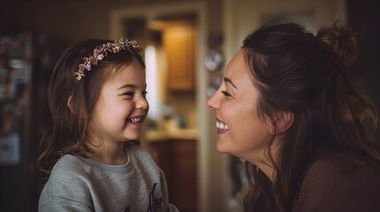 Naklejka premium Playful moment between a mom and daughter at home happy
