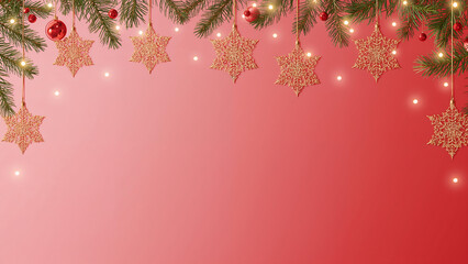 Festive Christmas background with gold snowflake ornaments evergreen branches and twinkling lights on a red gradient backdrop creating a warm and inviting holiday atmosphere