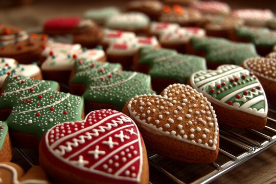 Festive decorated cookies displayed on a cooling rack during a holiday baking session in December