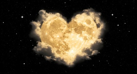 Fototapeta premium Bright heart-shaped golden full moon shining in the dark night sky with soft clouds, moon surface and detailed atmosphere