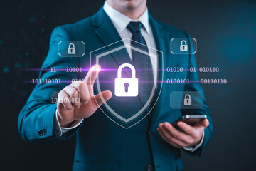 Businessman interacting with digital security interface showing data encryption and cyber protection