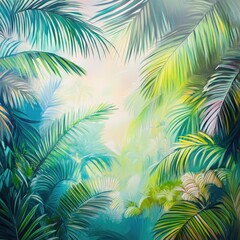 Golden light filters through a vibrant palm leaf background, creating a serene tropical ambiance with lush palm tree leaves in the foreground