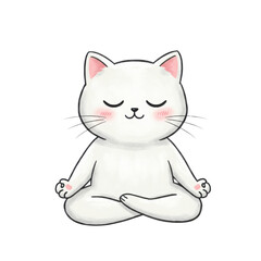 Obraz premium Cute white cartoon cat meditating in lotus pose on white background