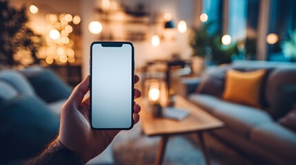 A smartphone held in hand, displaying a blank screen, in a softly lit living room.