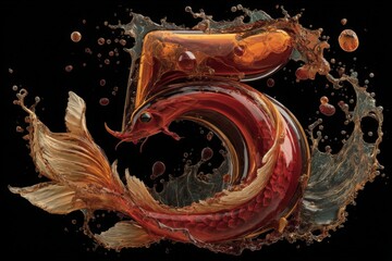 Five shaped liquid splash with vibrant goldfish in motion against a dark background