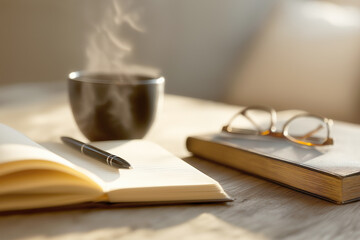 Warm Cafe Morning Study Desk with Steam Rising Coffee and Pomodoro Timer Ambience
