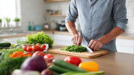 Man chopping fresh vegetables for salad in modern kitchen, bright and clean environment, healthy eating