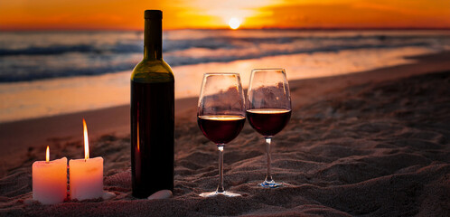 romantic sunset time with red wine and candle