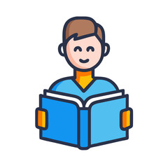 Cute cartoon boy reading a book illustration in simple vector style