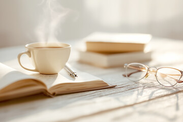 Warm Cafe Morning Study Desk with Steam Rising Coffee and Pomodoro Timer Ambience
