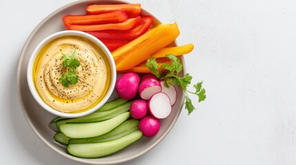 Plate with sliced fresh vegetables and hummus dip on white background, clean and vibrant presentation