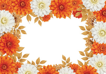 Obraz premium Vector illustration of a beautiful floral frame with orange and white dahlias creating an elegant border for invitations and cards
